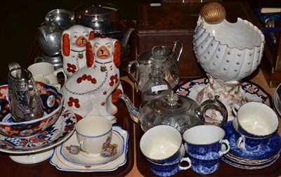 Lot 251 - Pair of pottery spaniels, shell shaped centrepiece, Derby plate, souvenir china, plated wares...