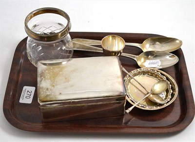 Lot 270 - A silver cigarette box, two pin trays, silver egg cup, two teaspoons stamped '925', a silver...