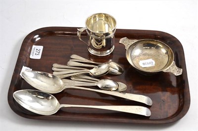 Lot 273 - A silver mug, twin handled silver quaich, two Scottish silver spoons and eleven silver teaspoons