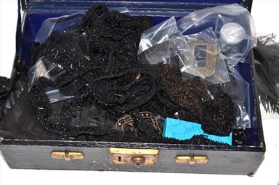 Lot 274 - Quantity of assorted jet jewellery, black bead appliques, shoe buckles etc (in a small case)