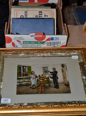 Lot 287 - Two early coloured photographs of Continental dog carts (framed), a small collection of books and a