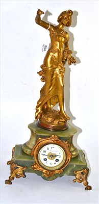 Lot 304 - A French gilt spelter alabaster and brass work timepiece, the case surmounted by a gilt spelter...