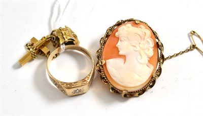 Lot 313 - A 9ct gold textured diamond set, cameo stamped '12CT', 9ct gold cross, yellow metal curb link...