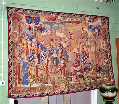 Lot 317 - Modern coloured wool machine woven wall hanging depicting Medieval figures preparing food,...