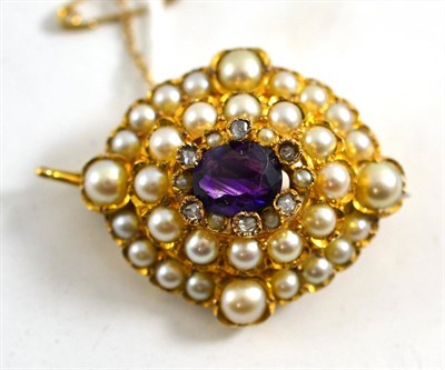 Lot 322 - An amethyst, diamond and split pearl brooch, of lozenge form, in yellow crimped settings,...