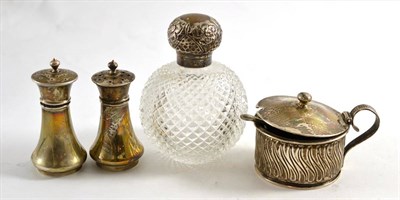 Lot 326 - American silver drum mustard by Gorham, pair of silver pepperettes, Birmingham hallmark, and a...