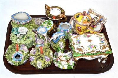 Lot 342 - Tray of flower encrusted china, flower decorated twin handled vase etc