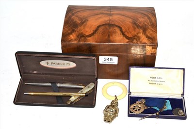 Lot 345 - Silver medals, silver and mother-of-pearl fruit knife, EPNS baby rattle, Parker pen and a Cross pen