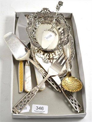 Lot 346 - An 830 standard tray, a white metal pierced dish, an 830 standard cake slice and other flatware