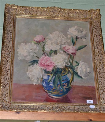 Lot 358 - Philip Naviasky, still life of hyacinths and roses in a coloured jug, oil on hardboard