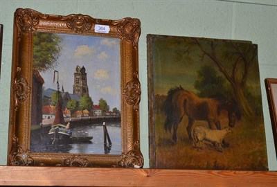 Lot 364 - Pair of unframed oils on canvas, a bay horse with a sheep and another with a bay horse and hen...