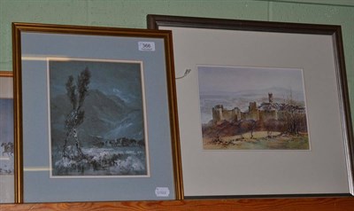 Lot 366 - A watercolour initialled J K John Keeley, mountain scene; and a watercolour of Ludlow, A Misty Day