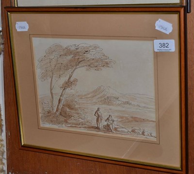 Lot 382 - Attributed to Barker of Bath, figures in a classical landscape, pen, ink and wash