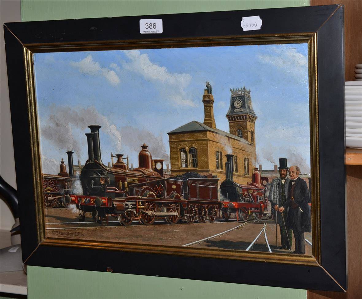 Lot 386 - Cuthbert Hamilton Ellis (1909-1987), a steam engine with figures, signed oil on board,...