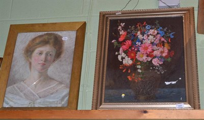 Lot 389 - An early 20th century framed pastel portrait of a lady, initialled D F; and a framed oil on canvas