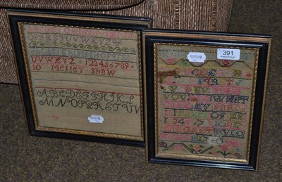 Lot 391 - An unfinished 19th century sampler by Melley Shaw and an alphabet sampler by Margaret Rudd, aged 8