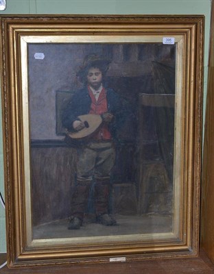 Lot 395 - Gilt framed oil on canvas, young boy playing a stringed instrument