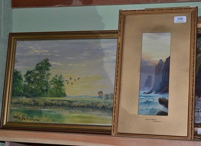 Lot 399 - Stanley Dollimore, oil, ducks in flight and E Seymour, ";South Devon";, gouache (2)