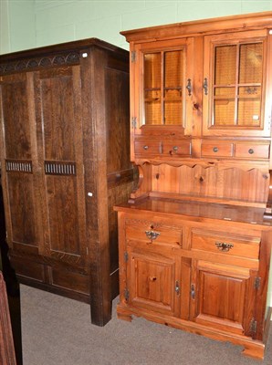 Lot 435 - Modern pine dresser with glazed cupboards and an oak double wardrobe