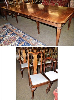 Lot 497 - Mahogany and satinwood banded dining table on stop-fluted tapering legs, eight Queen Anne style...