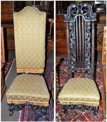 Lot 503 - A 17th century style ebonised oak side chair, upholstered in gold fabric, together with a...