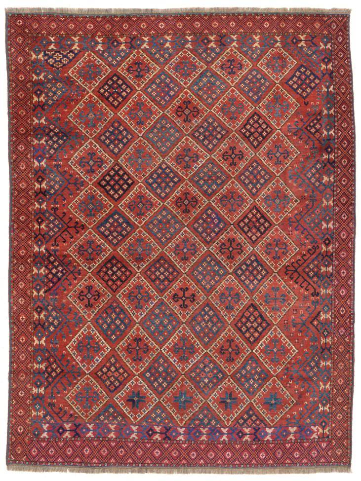 Lot 775 - Ersari Main Carpet Central Amu Darya Region, 19th century The madder diamond lattice field of...