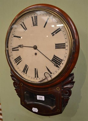 Lot 556 - Mahogany cased drop dial wall clock with brass inlay