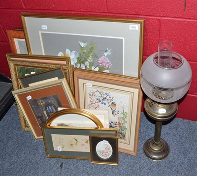 Lot 579 - An oil lamp and a quantity of various prints and watercolours