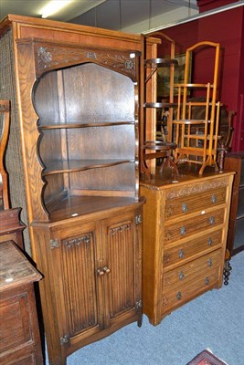 Lot 584 - A reproduction oak standing corner cabinet, a walnut corner whatnot, an oak chest of drawers...