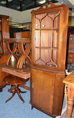 Lot 594 - Two reproduction standing corner cabinets, oak draw leaf table, oak occasional table, spinning...