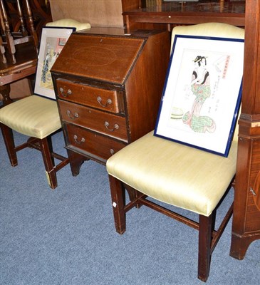 Lot 596 - Edwardian mahogany and satinwood banded bureau, a pair of George III design high-back dining chairs