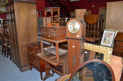 Lot 603 - Oak two door wardrobe, mahogany cabinet, an oak sewing box on stand, occasional tables, Grandma...