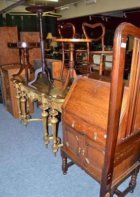 Lot 608 - A console table in Italian style, carved with flowers and lappets, oak bureau, two occasional...