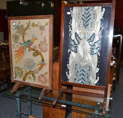 Lot 609 - Oak bureau, two fire screens with embroidered inserts and a modern glass top console table and...