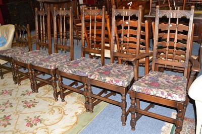 Lot 614 - Set of five reproduction dining chairs with high backs, another similar and three ladder back...