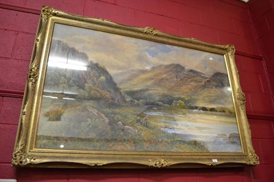 Lot 618 - Large gilt framed watercolour ";Cattle Watering in a Mountain Landscape with Fisherman";,...