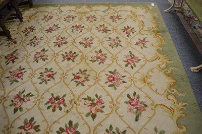 Lot 625 - European hand-knotted carpet of Savonnerie design, the ivory floral lattice field enclosed by leafy