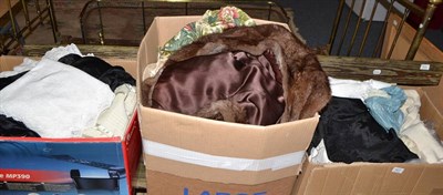 Lot 627 - Three boxes of textiles including linen, furs and costume