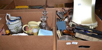 Lot 639 - Five boxes containing assorted glass and ceramics, copper kettle, plated ware etc