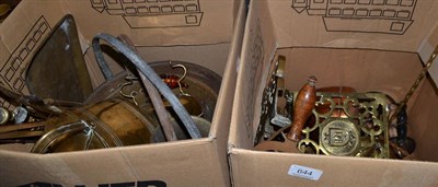 Lot 644 - A large quantity of brass and copper including preserve pans, trivets, hot water can, fire...