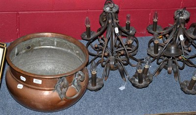 Lot 651 - Pair of modern six branch chandeliers and a large two handled copper bin (3)