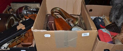 Lot 660 - Assorted handbags, soft toys, modern wall barometer, reproduction stirrups, cameras, plated...