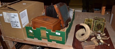 Lot 669 - Plate camera (incomplete) together with assorted other cameras and accessories, box of antler horns