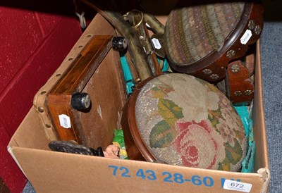 Lot 672 - Three Victorian walnut footstools, a foot warmer, two pairs of brass hames and four cast iron...