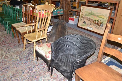 Lot 692 - Six green painted kitchen chairs, pair of oak chairs, pine kitchen armchair, modern kitchen...