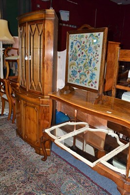 Lot 699 - Reproduction yew wood dining room suite, a similar standing glazed corner cabinet, three...