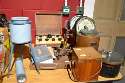 Lot 710 - Two Torsion balances, Chas. Hearson & Co copper vessel, farrier tools and hoof stand etc