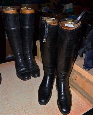 Lot 730 - Pair of black leather hunting boots and a similar pair, both with wooden boot trees