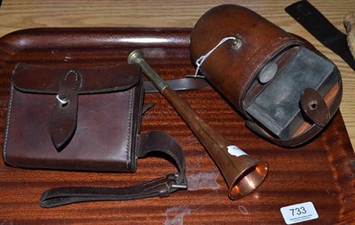 Lot 733 - Two cased leather lunch boxes with pewter and tin fittings, together with a copper hunting horn