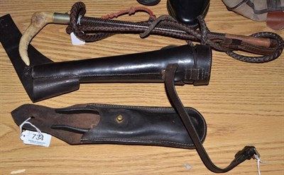 Lot 734 - Leather hunting crop with horn handle, copper hunting horn with leather pace and a pair of wire...